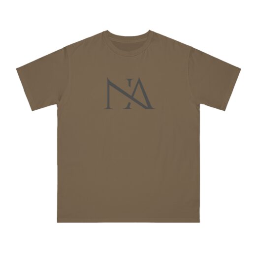A photo of A meteorite color unisex tee shirt with a grey minimalist NA tee shirt design.