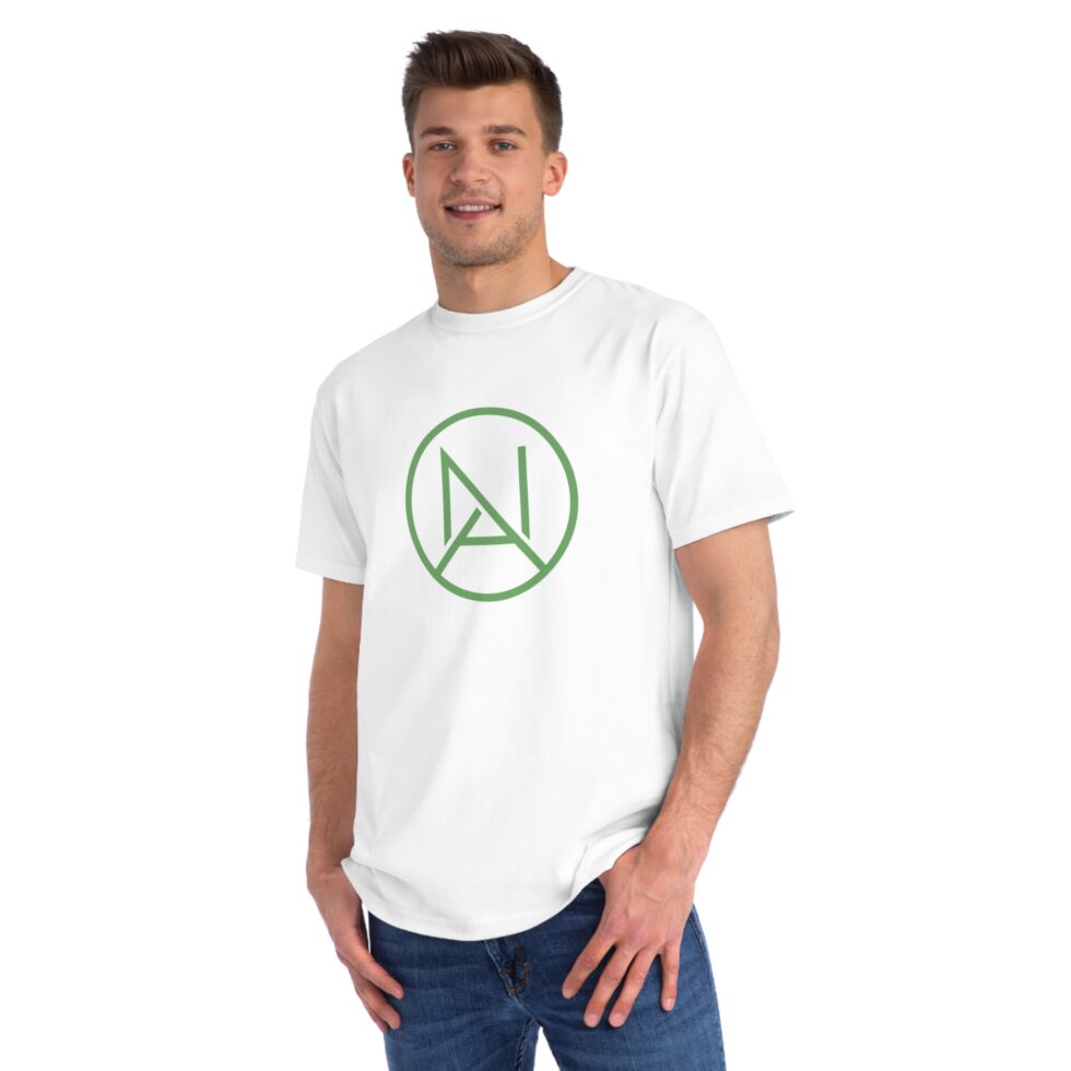 A photo of a male white model wearing a white tee shirt with a green minimalist NA tee shirt design.