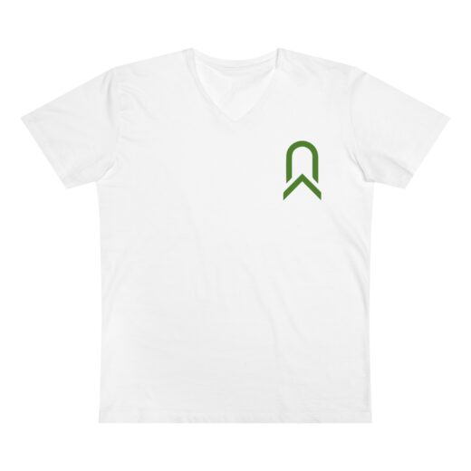 A photo of A white tee shirt with a green minimalist v-neck pocket NA graphic design.
