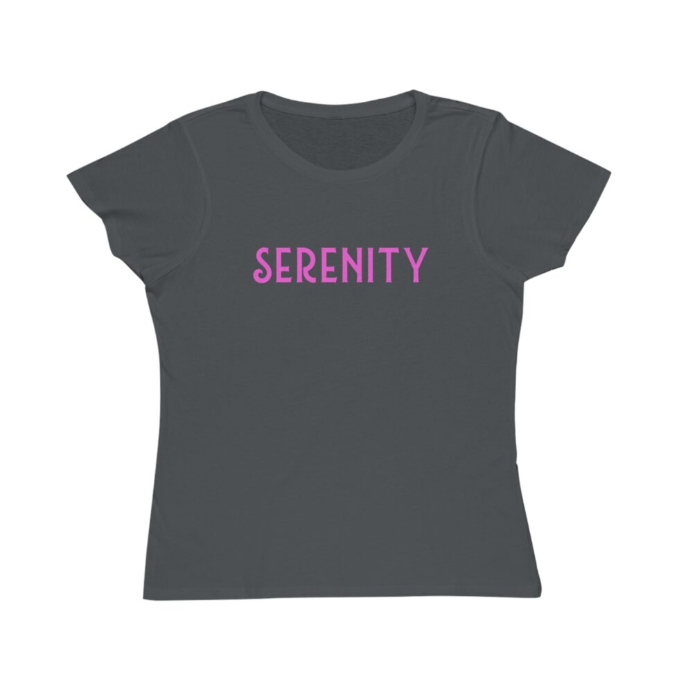 A photo of a black tee shirt with a charcoal serenity NA tee shirt design.