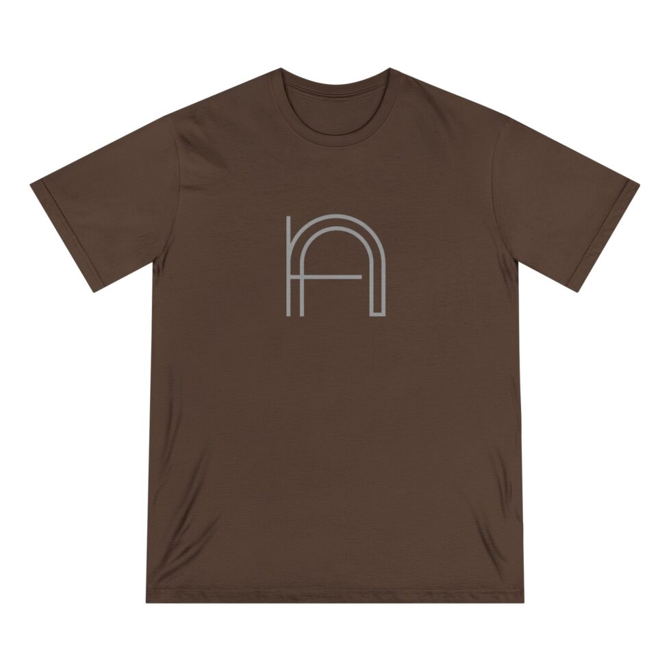 A photo of A walnut unisex tee shirt with a grey minimalist NA tee shirt design.