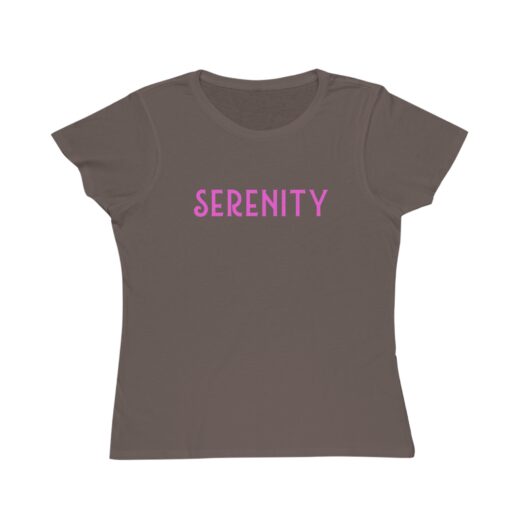 A photo of a walnut tee shirt with a grey serenity NA unisex tee shirt design.