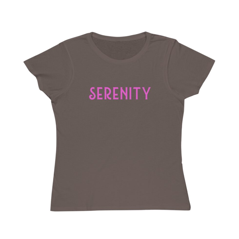 A photo of a walnut tee shirt with a grey serenity NA unisex tee shirt design.