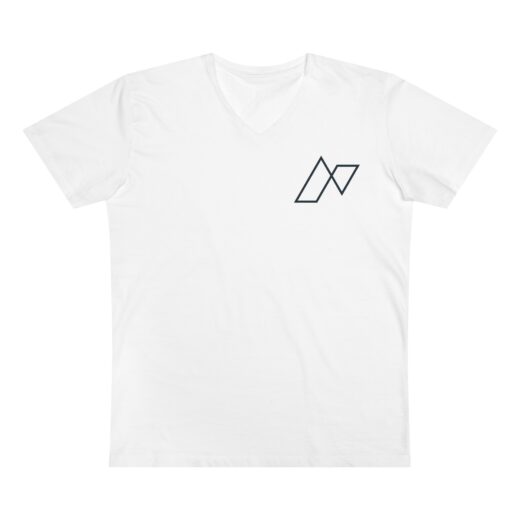 A photo of A white tee shirt with a grey minimalist v-neck pocket NA graphic design.