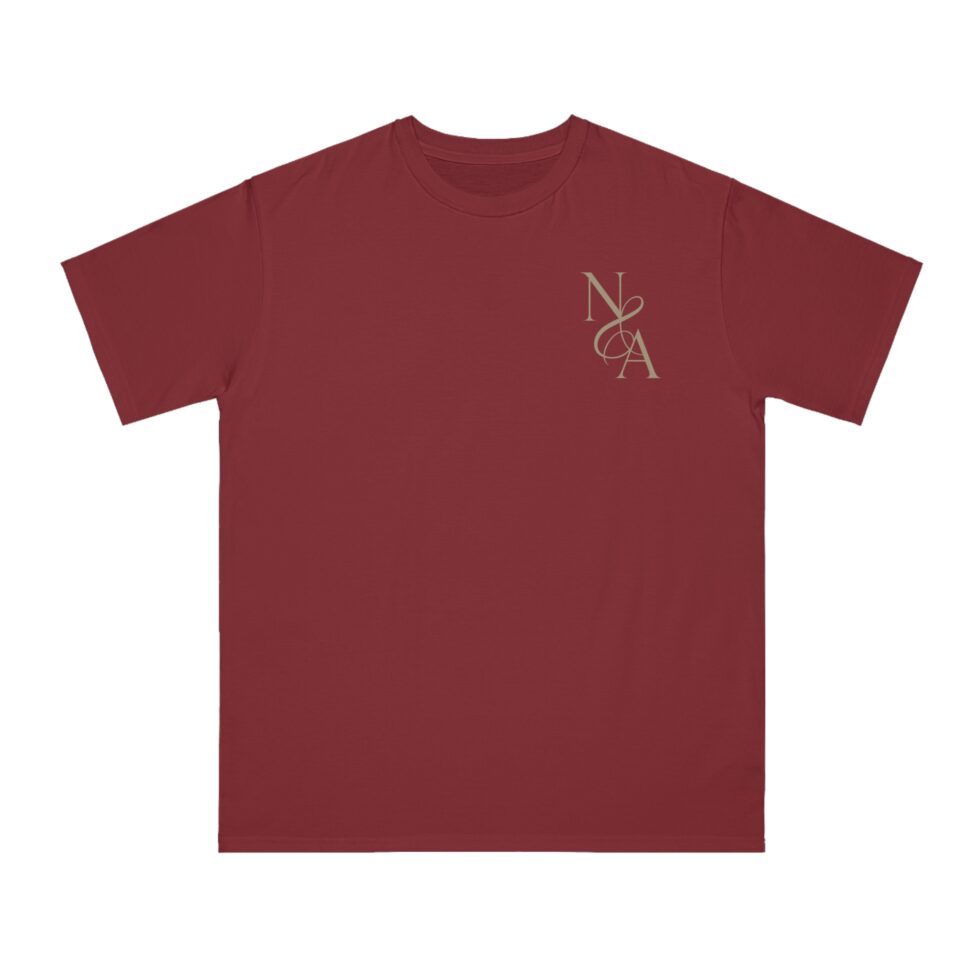 A photo of A manzanita color tee shirt with a gold design NA tee shirt design.