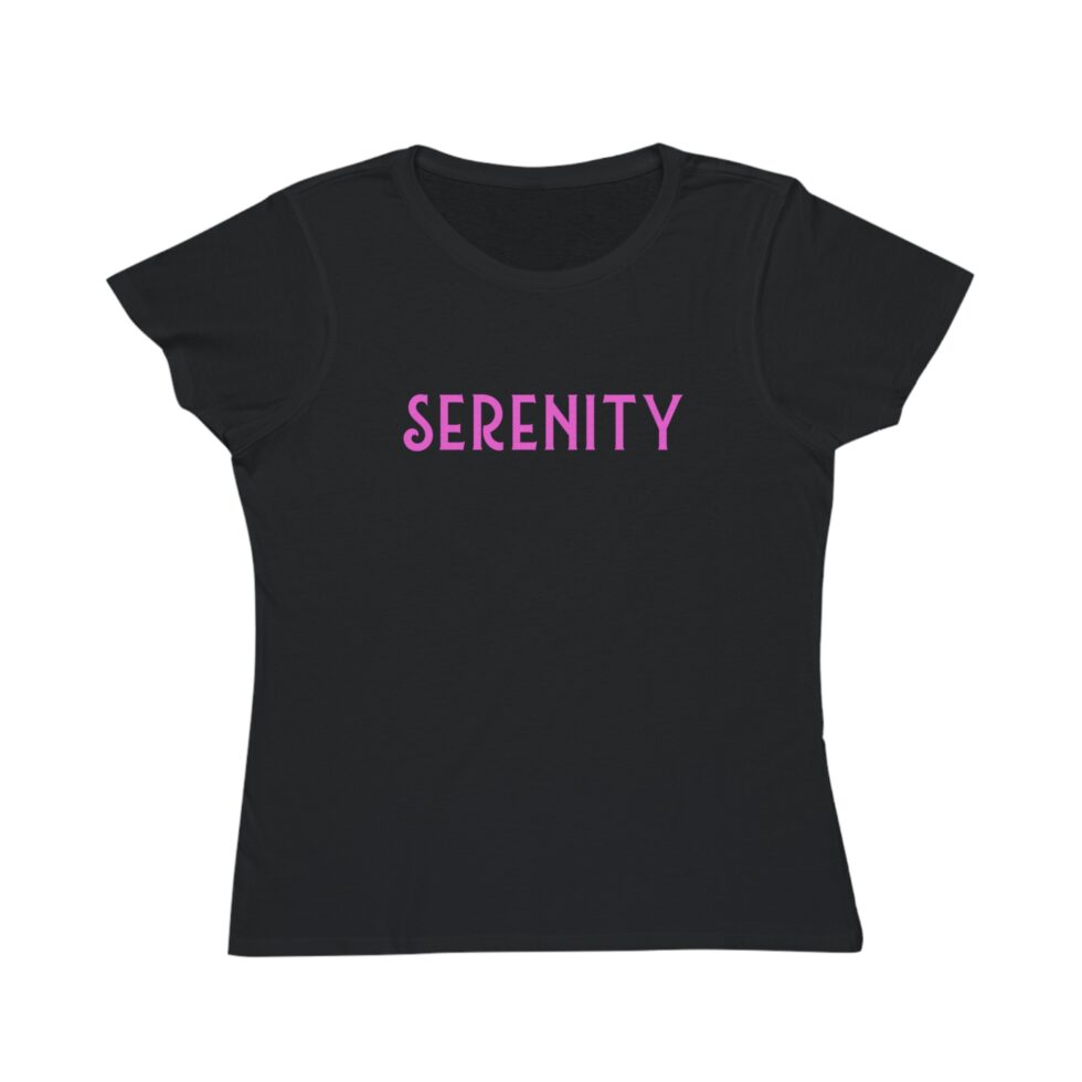 A photo of a black woman's tee shirt with a grey serenity NA tee shirt design.