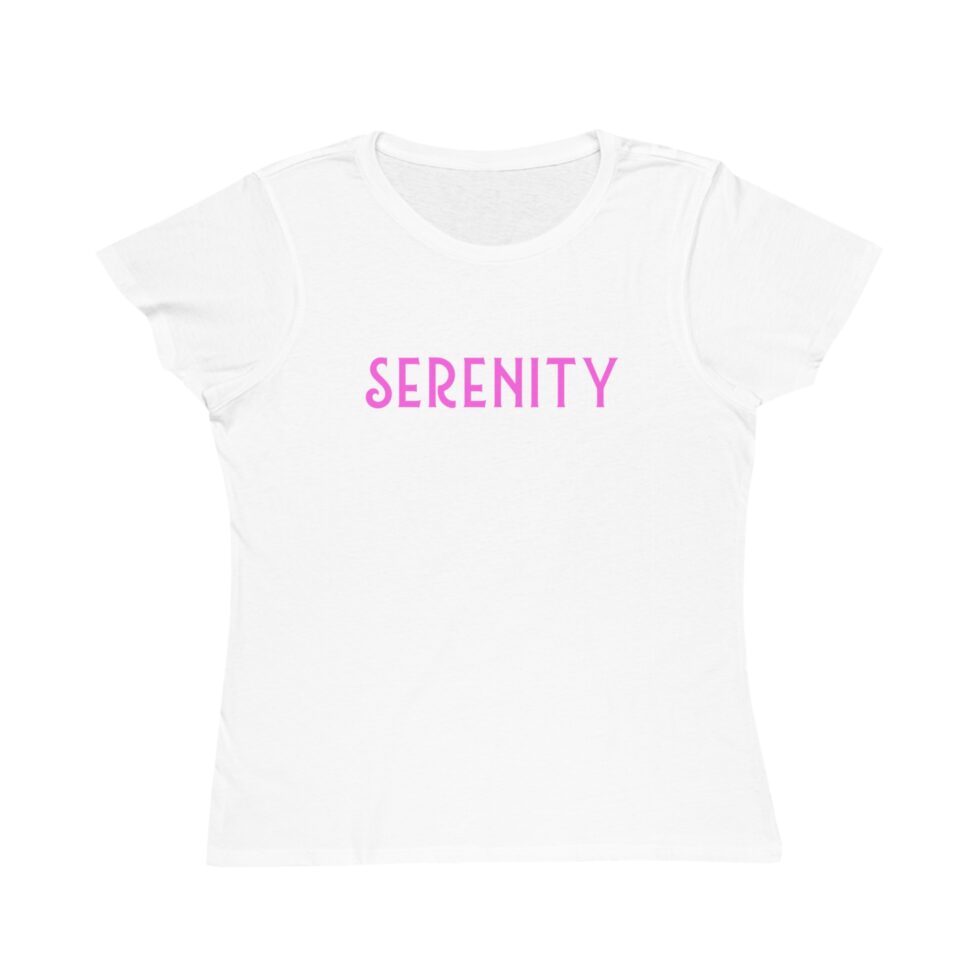 A photo of a white tee shirt with a grey serenity NA tee shirt design.