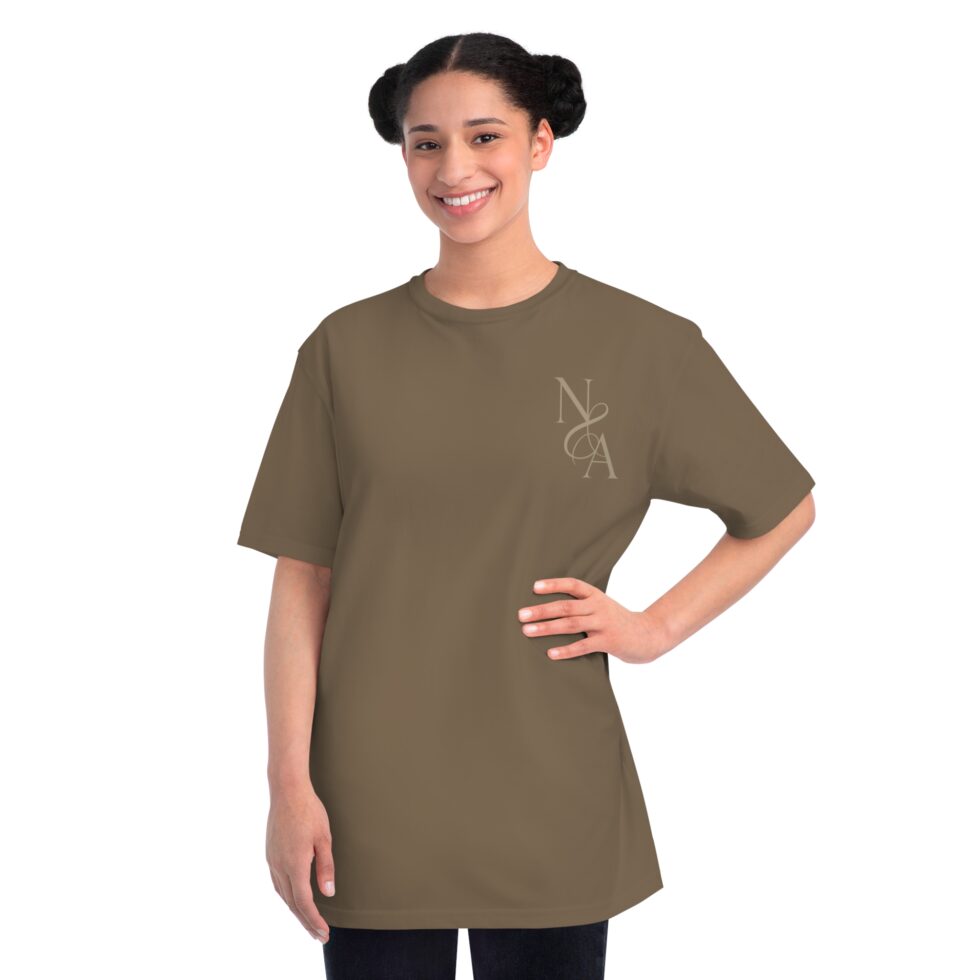 photo of a female latin model wearing a meteorite color tee shirt with a gold design NA tee shirt design.