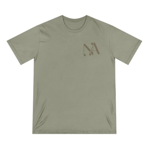 A photo of A eucalyptus color unisex tee shirt with a dark tan minimalist NA tee shirt design.