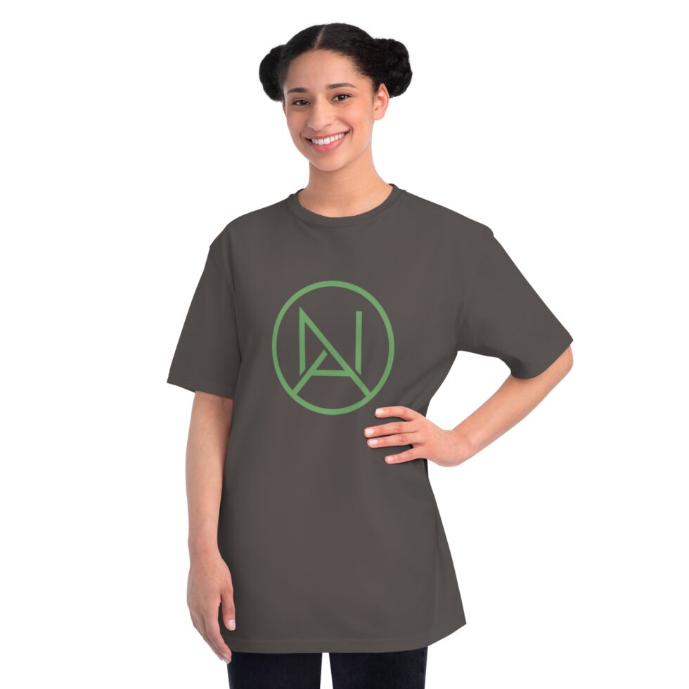 A photo of a female latin model wearing a charcoal color tee shirt with a yellow unity NA tee shirt design.