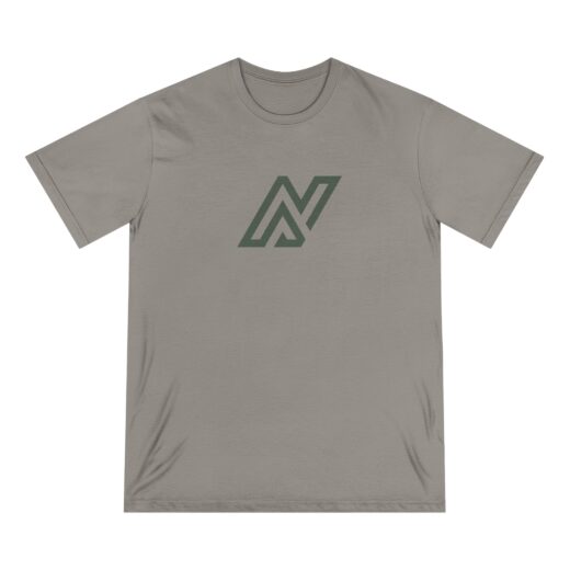 A photo of A charcoal color unisex tee shirt with a dark grey minimalist NA tee shirt design.