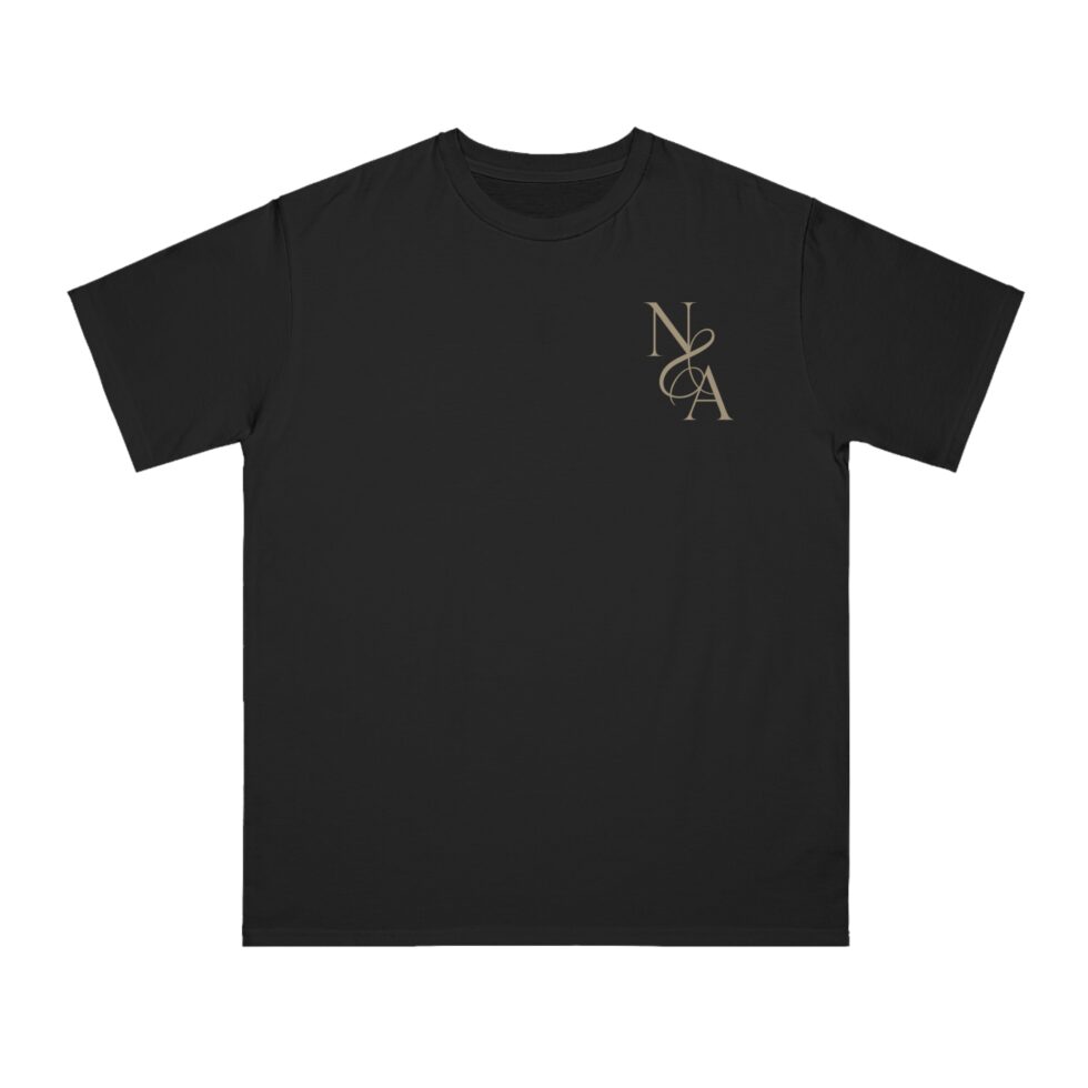A photo of A black color tee shirt with a gold design NA tee shirt design.