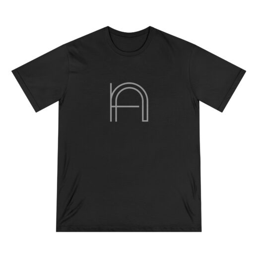 A photo of a black tee shirt with a grey minimalist NA tee shirt design.