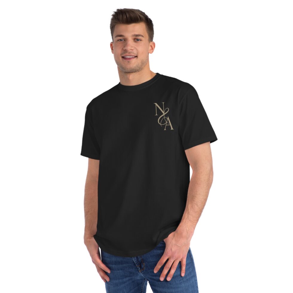 A photo of a male white model wearing a black color tee shirt with a gold design NA tee shirt design.