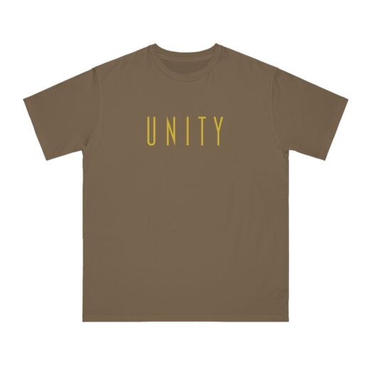A photo of A meteorite color tee shirt with a yellow unity NA tee shirt design.