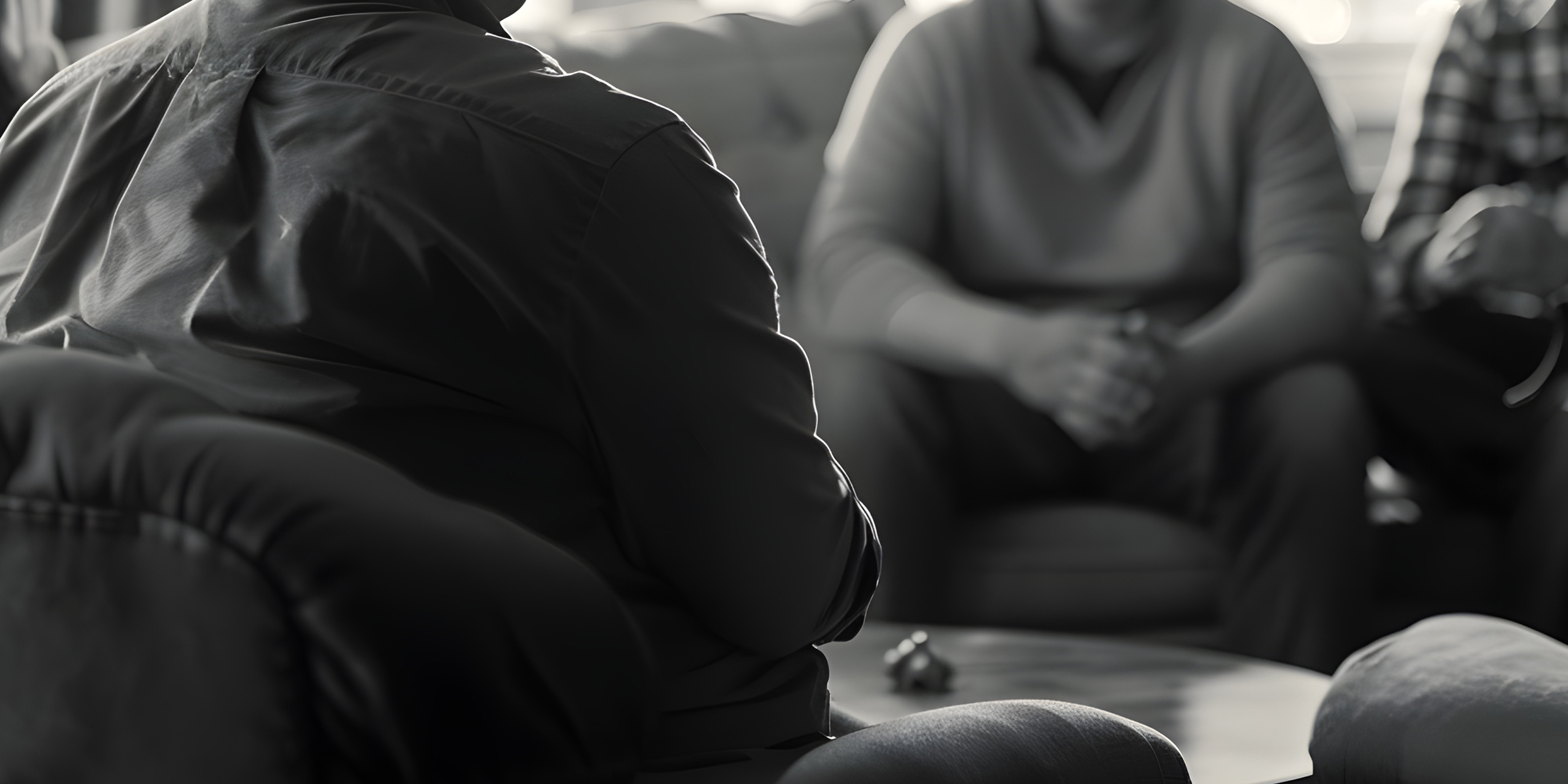 Cropped black and white photo of a NA group meeting.