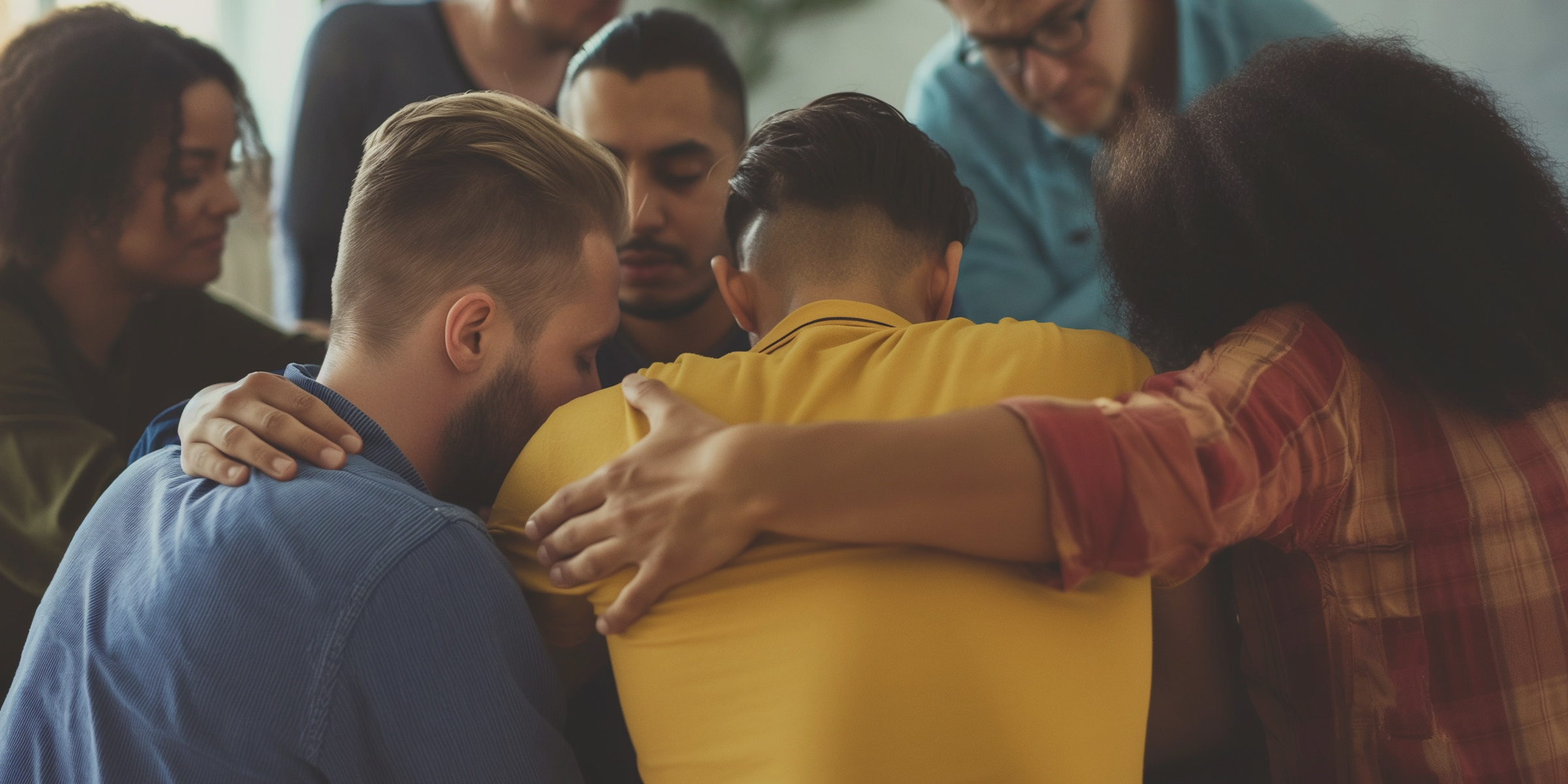 A cropped photo of people hugging at a NA meeting.