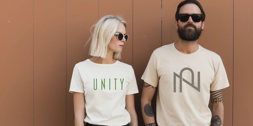Cropped photo of a hipster couple with tattoos wearing NA Tee Shirts.